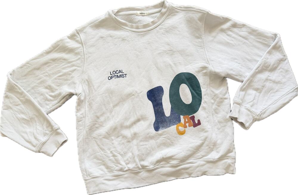 Madhappy‎ Local Optimist Fleece Crewneck White Sweatshirt Distressed Medium